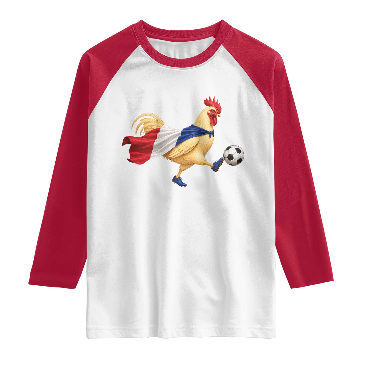 Funny France Soccer Raglan Shirt Rooster Wearing French Flag Patriotic Football Fan Graphic TS10 White Red Print Your Wear