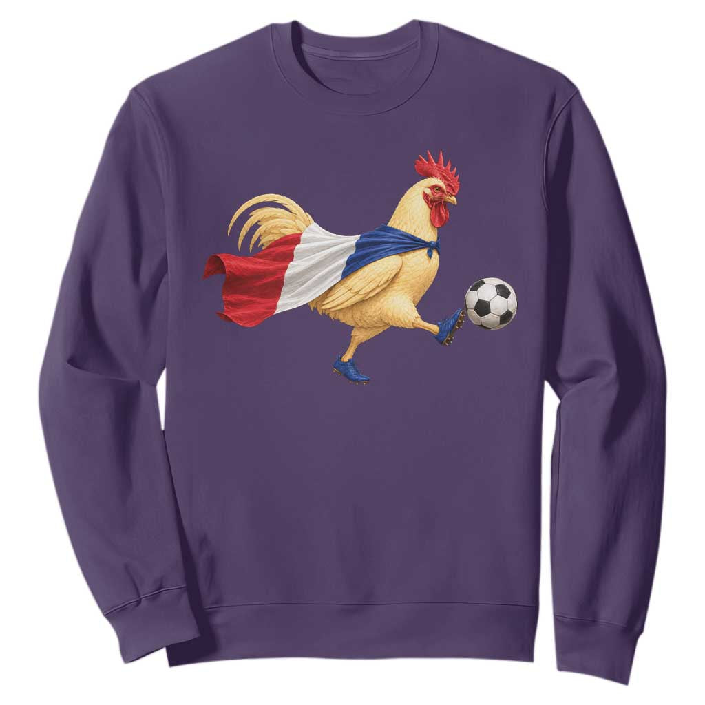 Funny France Soccer Sweatshirt Rooster Wearing French Flag Patriotic Football Fan Graphic TS10 Purple Print Your Wear