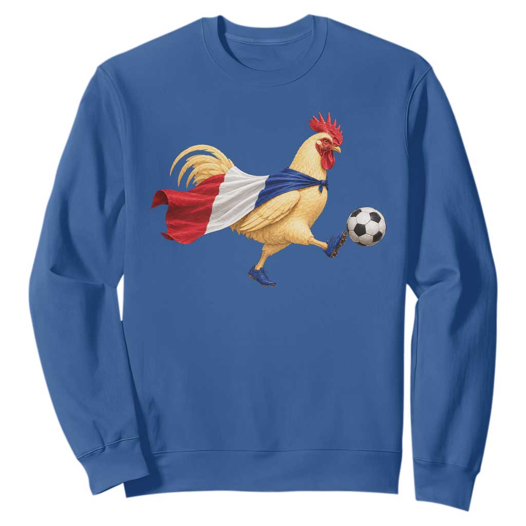 Funny France Soccer Sweatshirt Rooster Wearing French Flag Patriotic Football Fan Graphic TS10 Royal Blue Print Your Wear