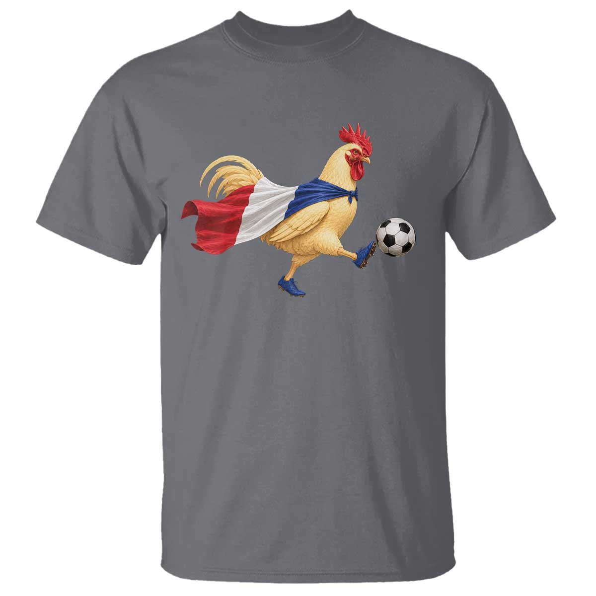 Funny France Soccer T Shirt Rooster Wearing French Flag Patriotic Football Fan Graphic TS10 Charcoal Print Your Wear