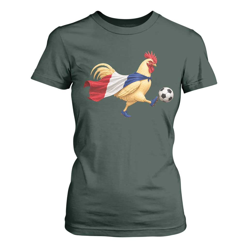 Funny France Soccer T Shirt For Women Rooster Wearing French Flag Patriotic Football Fan Graphic TS10 Dark Forest Green Print Your Wear