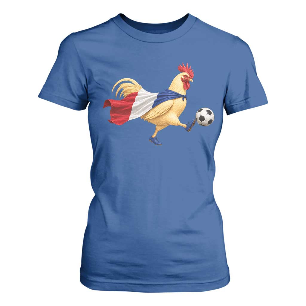 Funny France Soccer T Shirt For Women Rooster Wearing French Flag Patriotic Football Fan Graphic TS10 Royal Blue Print Your Wear
