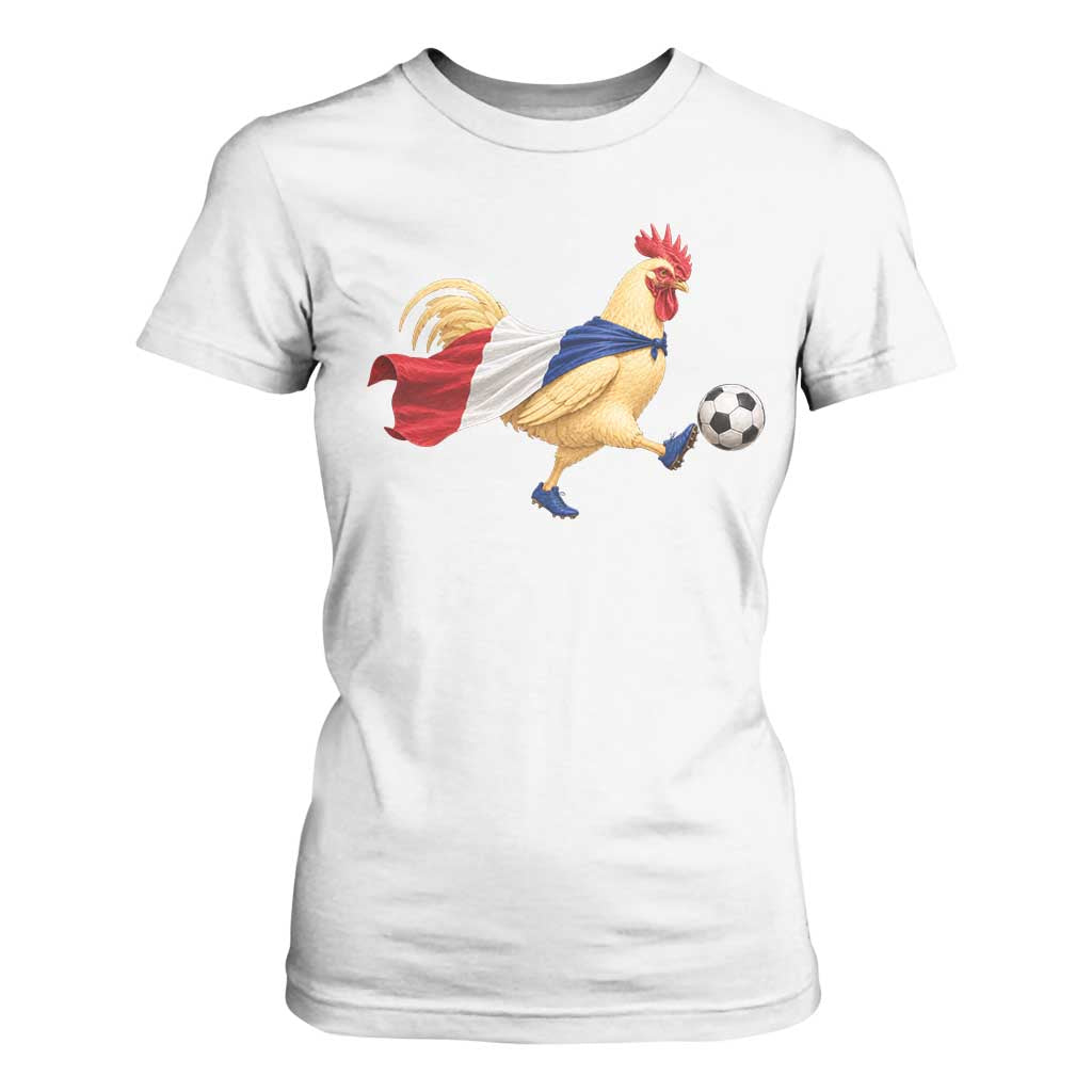 Funny France Soccer T Shirt For Women Rooster Wearing French Flag Patriotic Football Fan Graphic TS10 White Print Your Wear