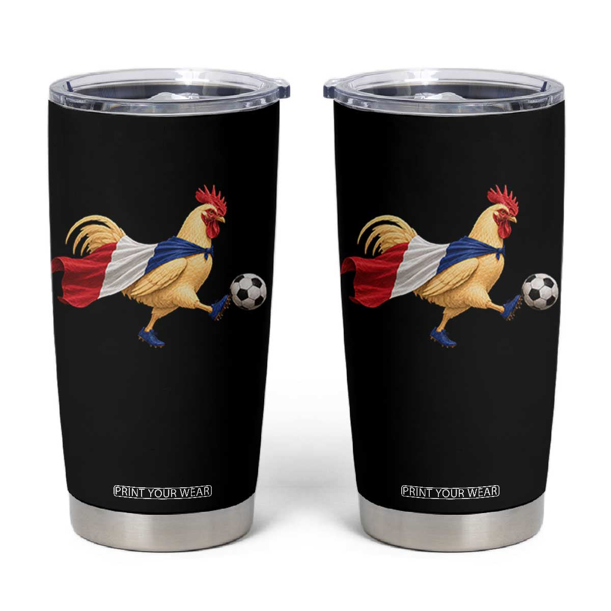 Funny France Soccer Tumbler Cup Rooster Wearing French Flag Patriotic Football Fan Graphic TS10 Black Print Your Wear