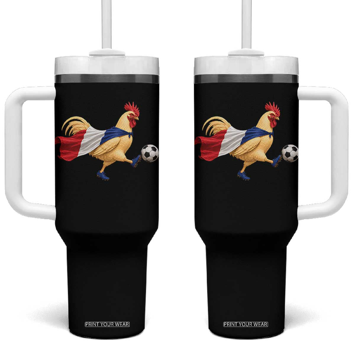 Funny France Soccer Tumbler With Handle Rooster Wearing French Flag Patriotic Football Fan Graphic TS10 One Size: 40 oz Black Print Your Wear