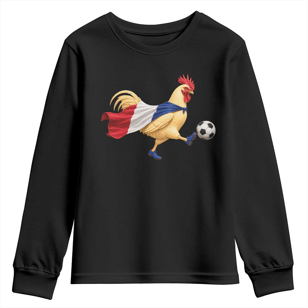 Funny France Soccer Youth Sweatshirt Rooster Wearing French Flag Patriotic Football Fan Graphic TS10 Black Print Your Wear