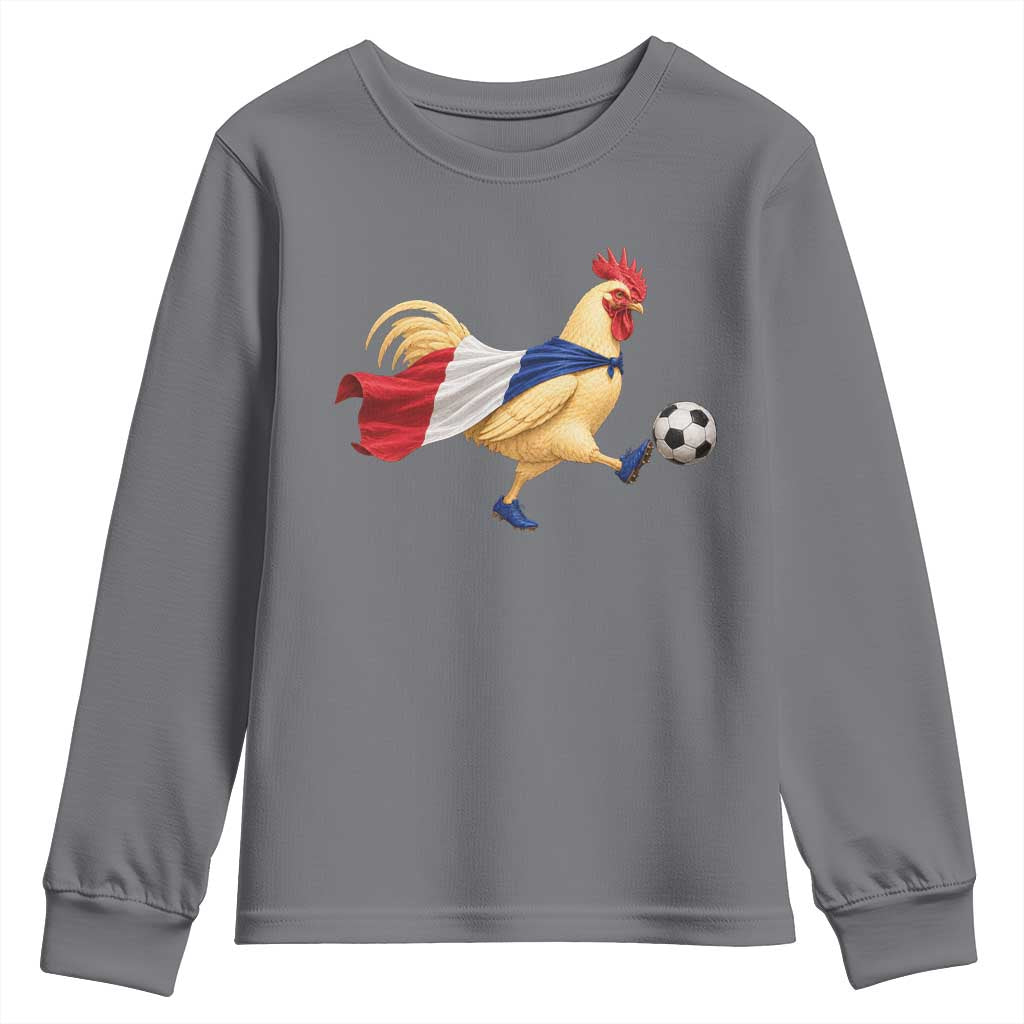 Funny France Soccer Youth Sweatshirt Rooster Wearing French Flag Patriotic Football Fan Graphic TS10 Charcoal Print Your Wear
