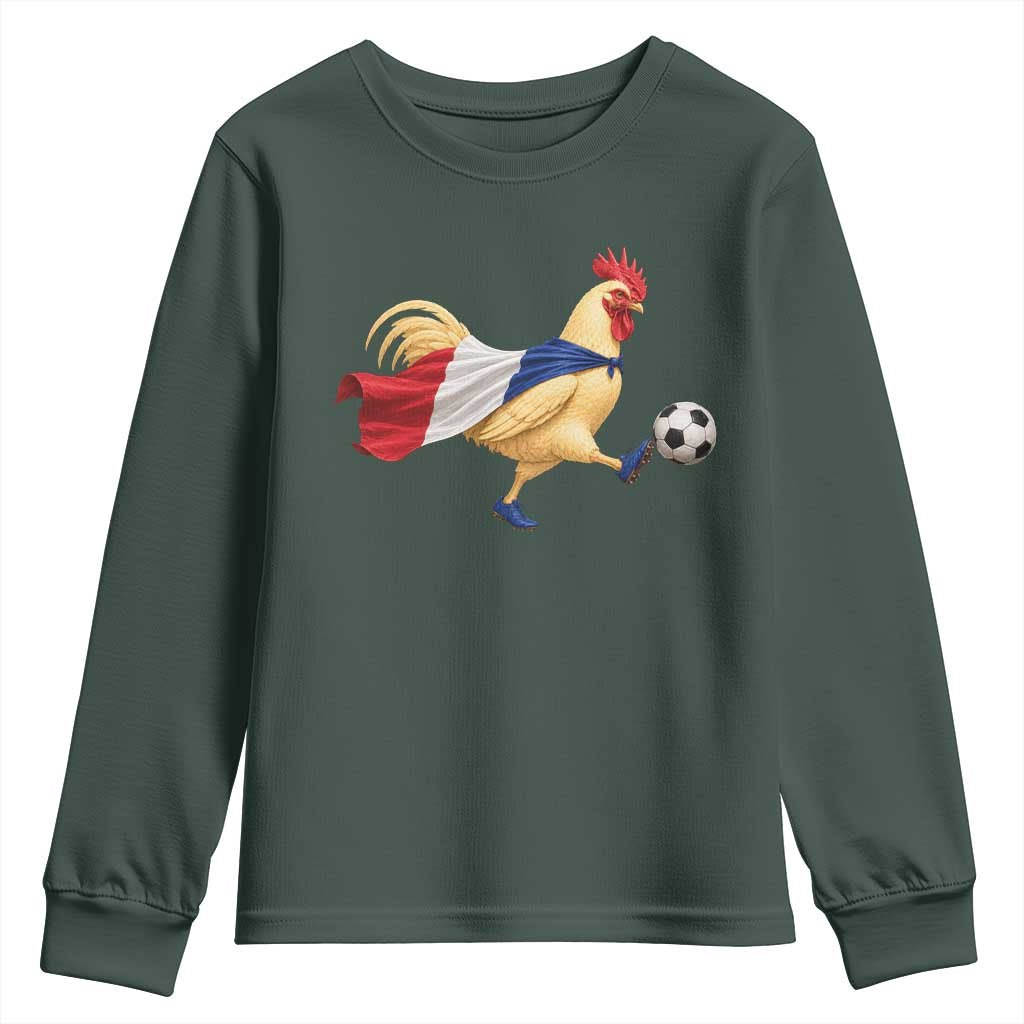 Funny France Soccer Youth Sweatshirt Rooster Wearing French Flag Patriotic Football Fan Graphic TS10 Dark Forest Green Print Your Wear