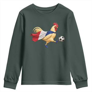 Funny France Soccer Youth Sweatshirt Rooster Wearing French Flag Patriotic Football Fan Graphic TS10 Dark Forest Green Print Your Wear
