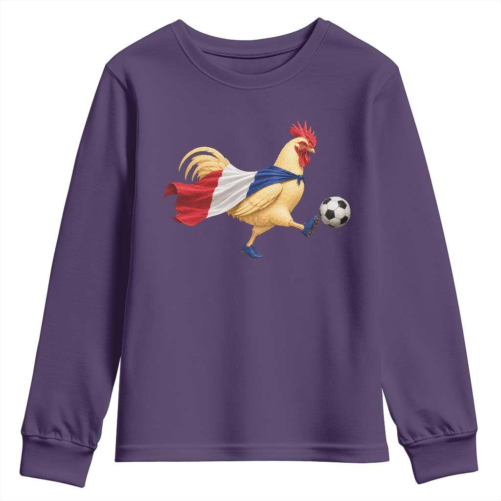 Funny France Soccer Youth Sweatshirt Rooster Wearing French Flag Patriotic Football Fan Graphic TS10 Purple Print Your Wear