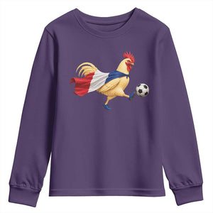 Funny France Soccer Youth Sweatshirt Rooster Wearing French Flag Patriotic Football Fan Graphic TS10 Purple Print Your Wear