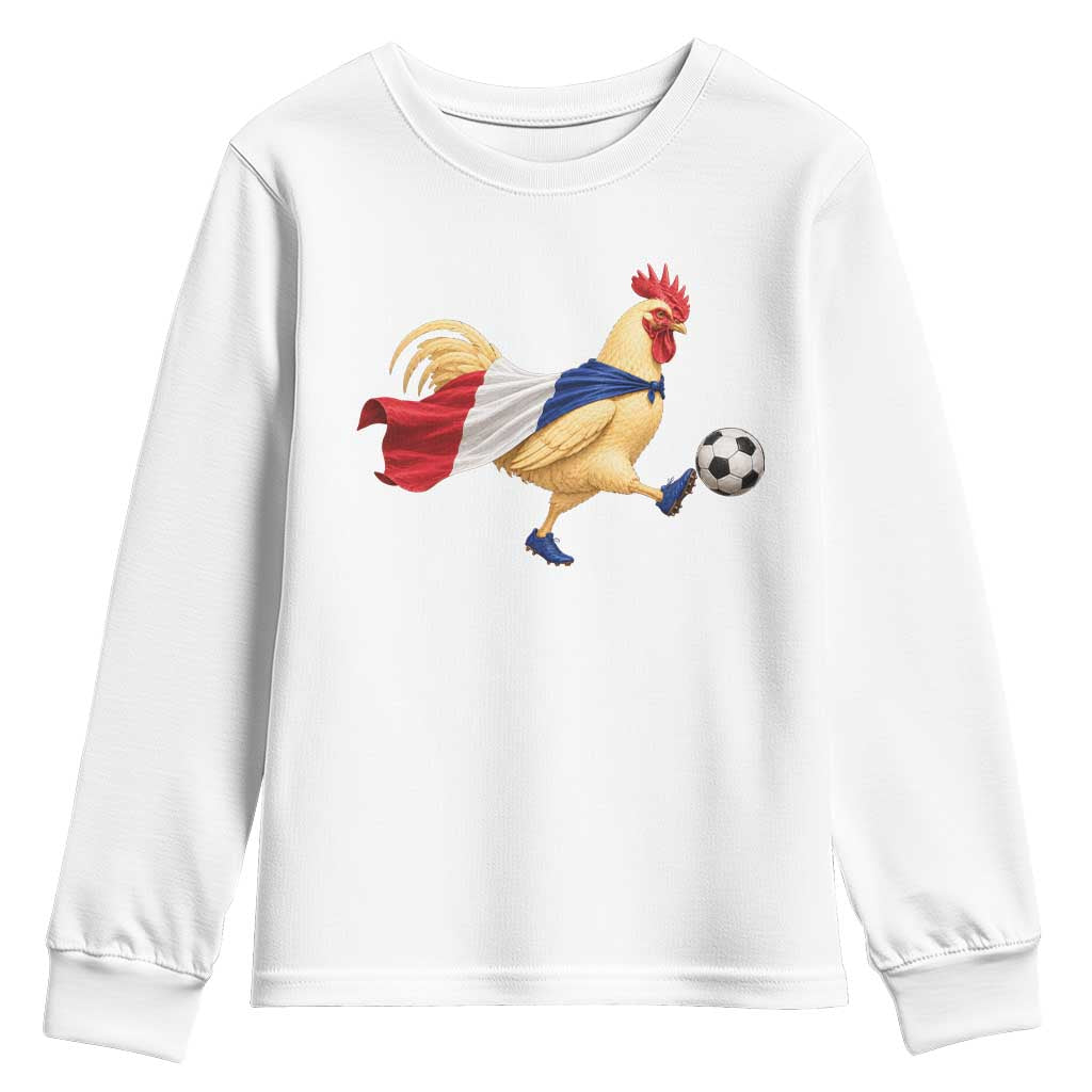 Funny France Soccer Youth Sweatshirt Rooster Wearing French Flag Patriotic Football Fan Graphic TS10 White Print Your Wear