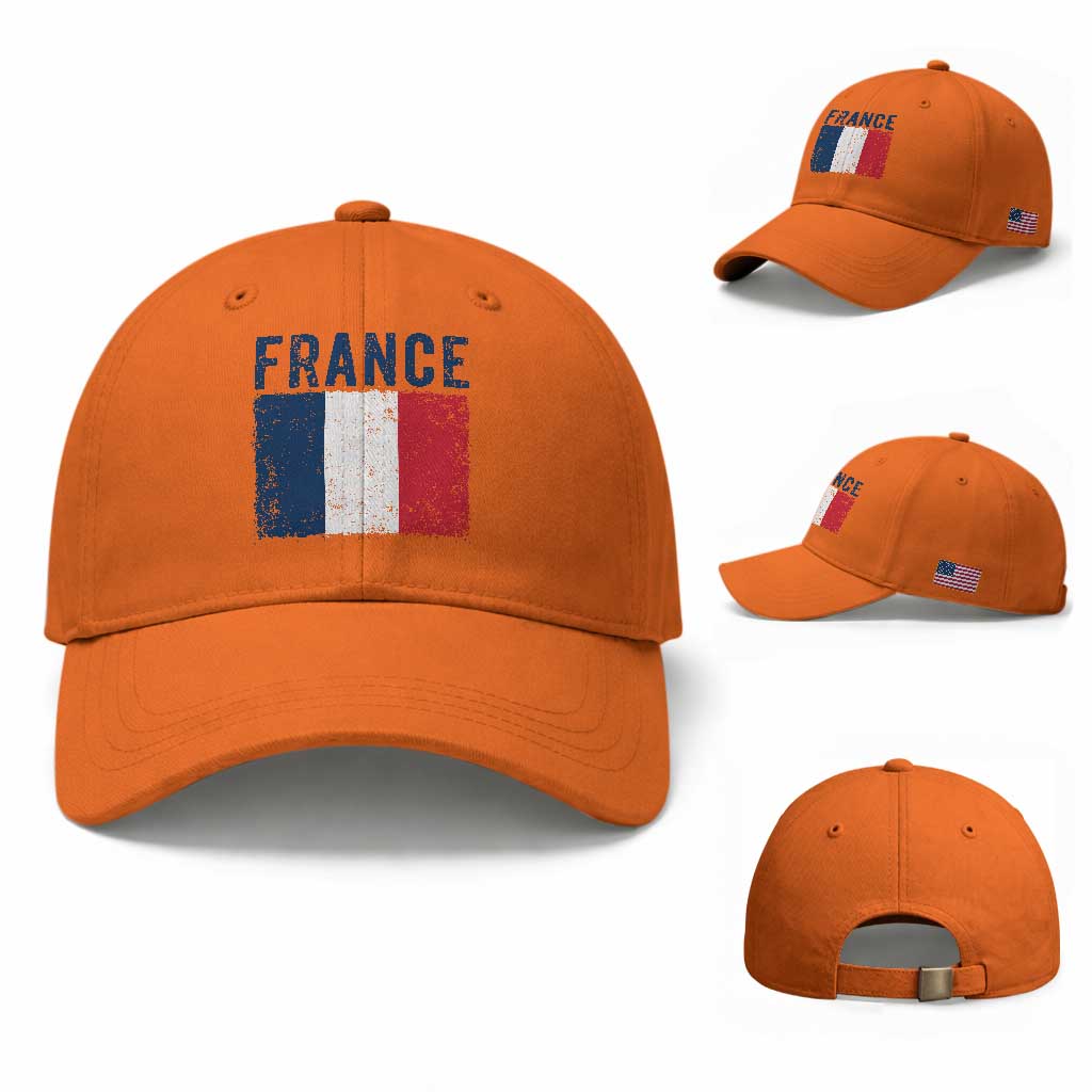 Vintage France Flag Distressed French Pride Patriotic Soccer Fan Graphic Baseball Cap TS10 Baseball Cap Universal Fit Orange Print Your Wear