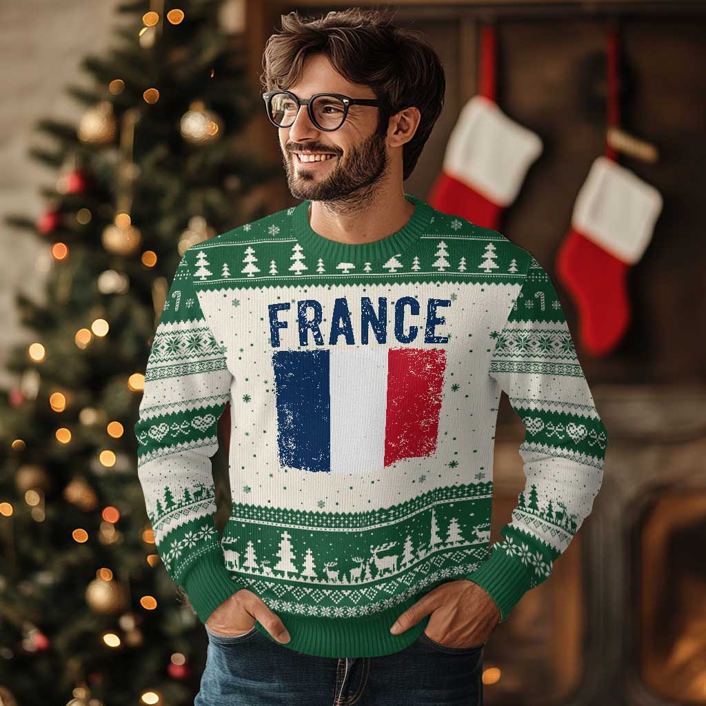 Vintage France Flag Distressed French Pride Patriotic Soccer Fan Graphic Ugly Christmas Sweater TS10 Beige Green Print Your Wear