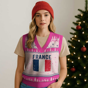 Vintage France Flag Distressed French Pride Patriotic Soccer Fan Graphic V-Neck Knit Sweater Vest TS10 Hot Pink Print Your Wear
