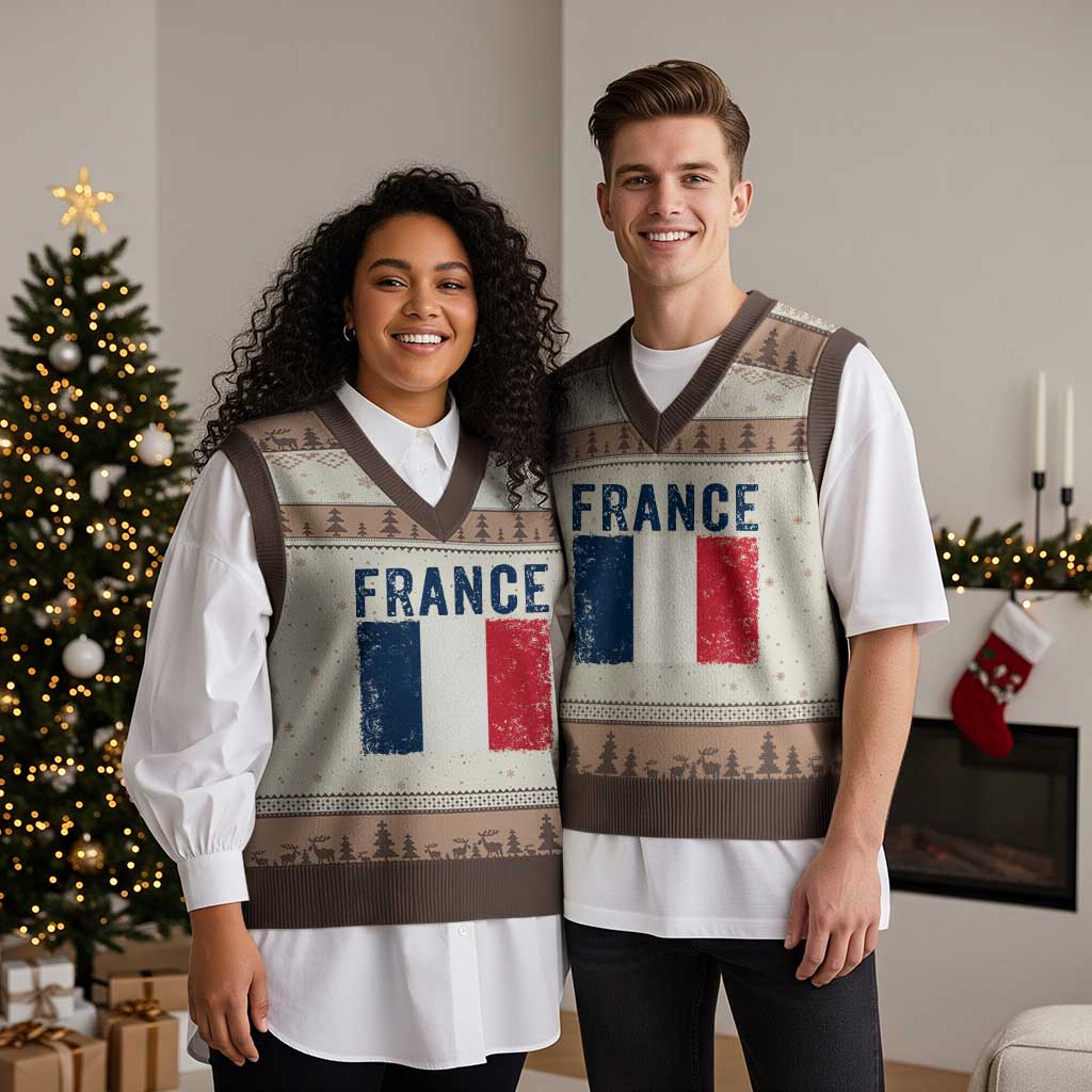 Vintage France Flag Distressed French Pride Patriotic Soccer Fan Graphic V-Neck Knit Sweater Vest TS10 Mocha Mousse Print Your Wear