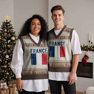 Vintage France Flag Distressed French Pride Patriotic Soccer Fan Graphic V-Neck Knit Sweater Vest TS10 Mocha Mousse Print Your Wear