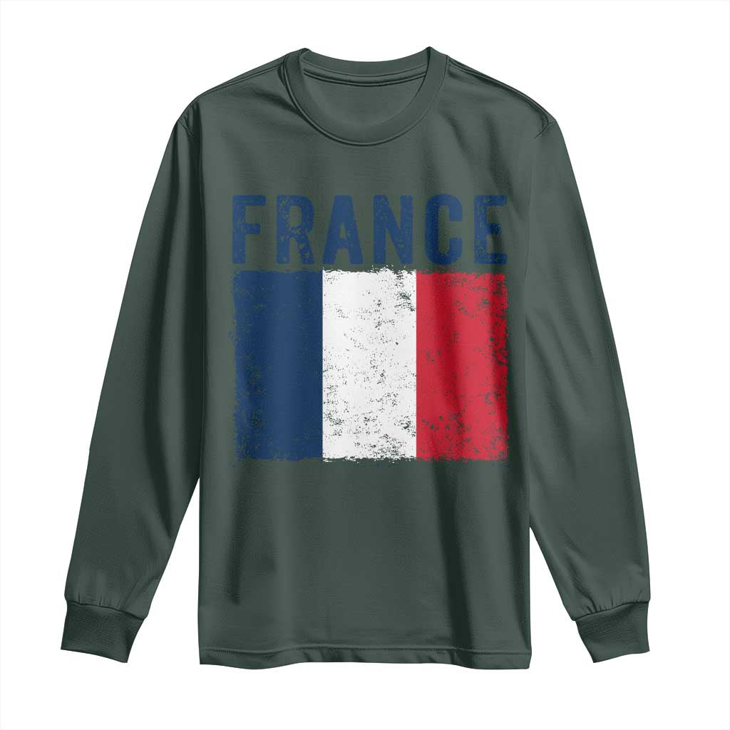 Vintage France Flag Distressed French Pride Patriotic Soccer Fan Graphic Long Sleeve Shirt TS10 Dark Forest Green Print Your Wear