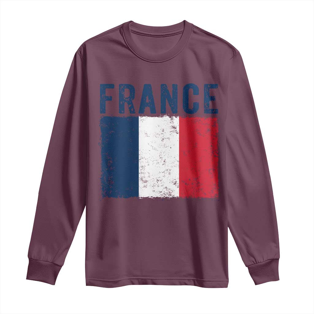 Vintage France Flag Distressed French Pride Patriotic Soccer Fan Graphic Long Sleeve Shirt TS10 Maroon Print Your Wear