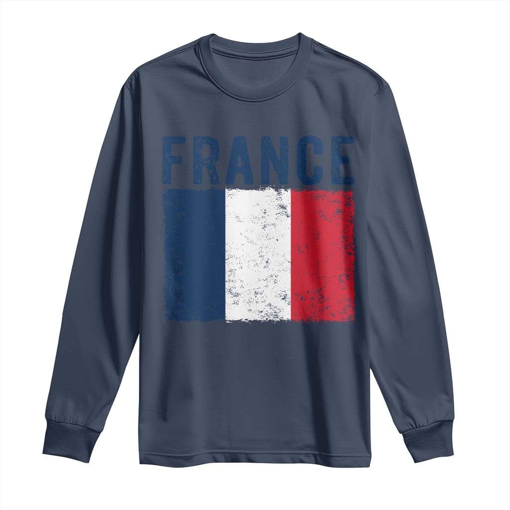 Vintage France Flag Distressed French Pride Patriotic Soccer Fan Graphic Long Sleeve Shirt TS10 Navy Print Your Wear