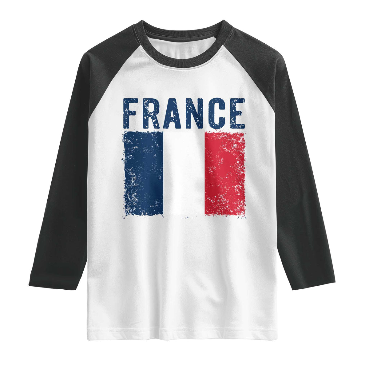 Vintage France Flag Distressed French Pride Patriotic Soccer Fan Graphic Raglan Shirt TS10 White Black Print Your Wear