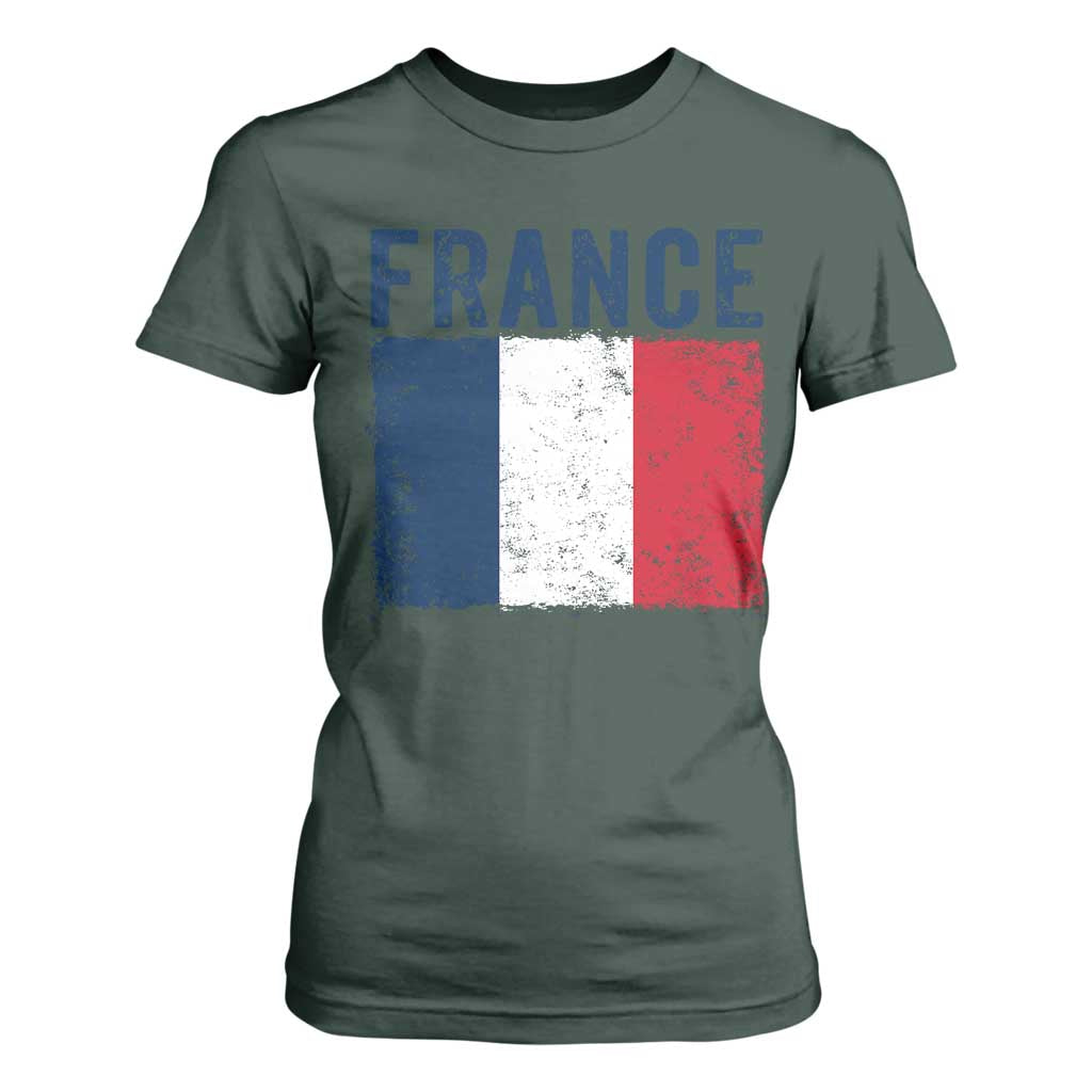 Vintage France Flag Distressed French Pride Patriotic Soccer Fan Graphic T Shirt For Women TS10 Dark Forest Green Print Your Wear