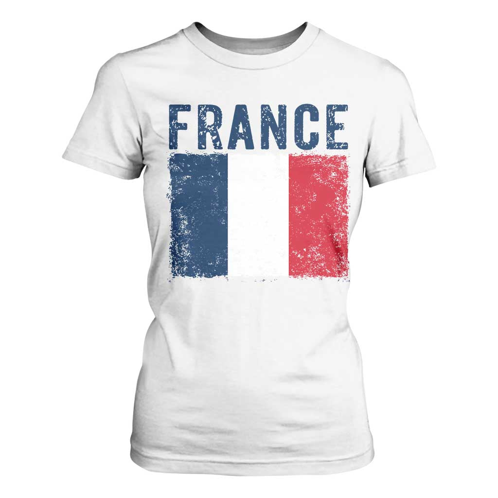 Vintage France Flag Distressed French Pride Patriotic Soccer Fan Graphic T Shirt For Women TS10 White Print Your Wear