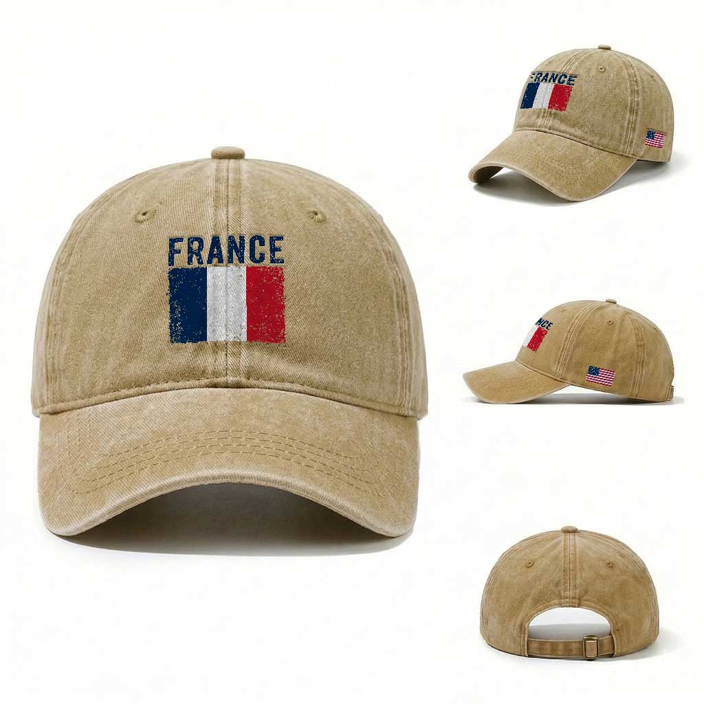 Vintage France Flag Distressed French Pride Patriotic Soccer Fan Graphic Washed Cotton Baseball Cap TS10 Washed Cap Universal Fit Khaki Print Your Wear