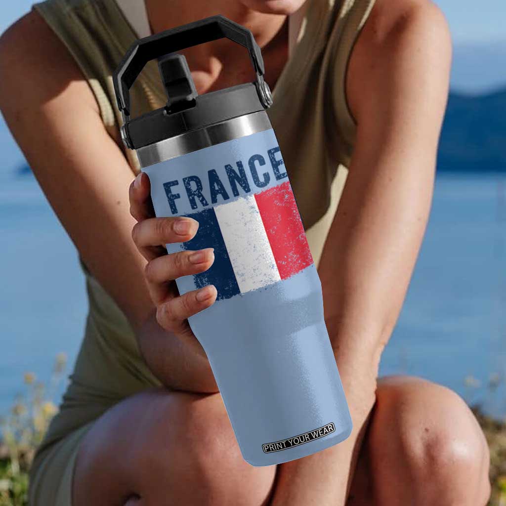 Vintage France Flag Distressed French Pride Patriotic Soccer Fan Graphic Flip Straw Tumbler TS10 One Size: 30 oz Light Blue Print Your Wear