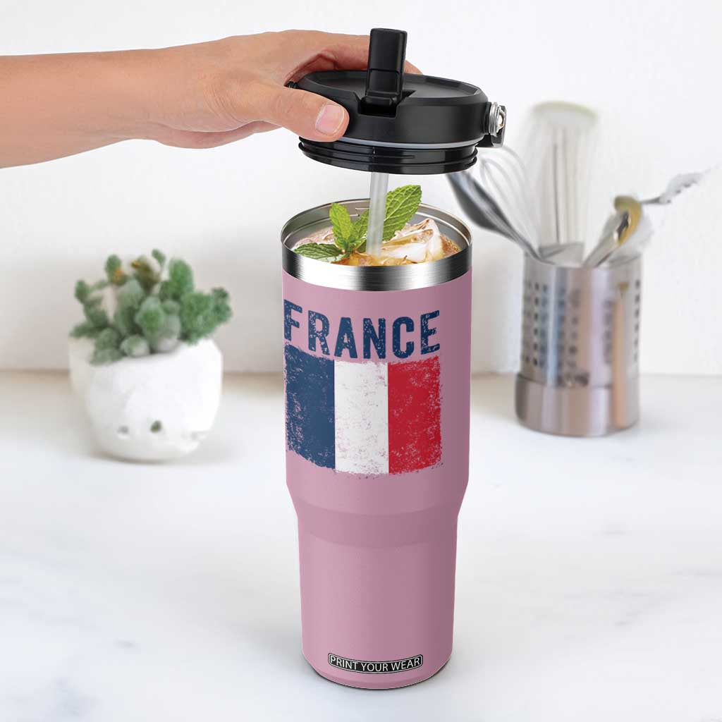 Vintage France Flag Distressed French Pride Patriotic Soccer Fan Graphic Flip Straw Tumbler TS10 One Size: 30 oz Light Pink Print Your Wear