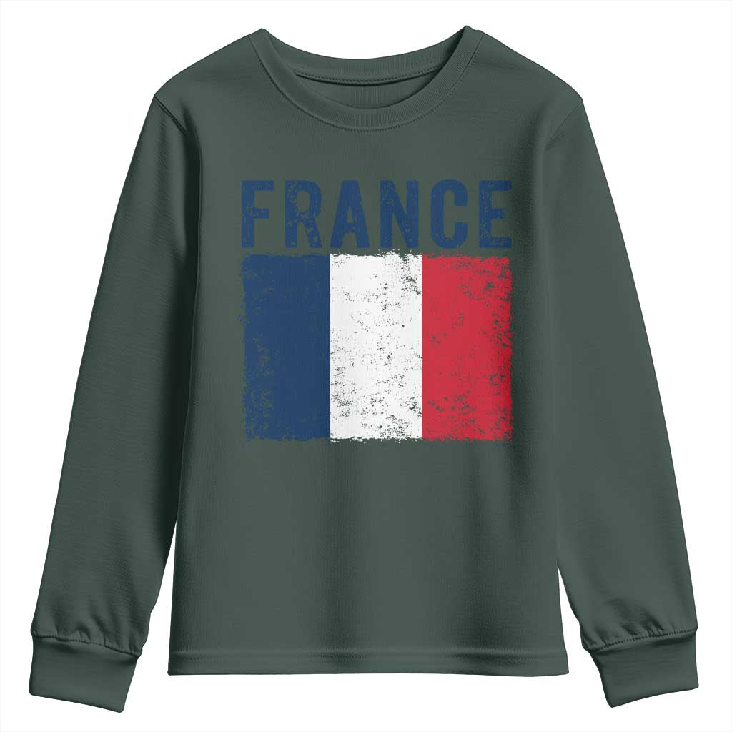 Vintage France Flag Distressed French Pride Patriotic Soccer Fan Graphic Youth Sweatshirt TS10 Dark Forest Green Print Your Wear