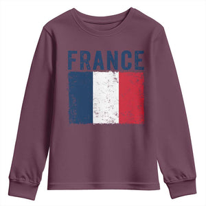 Vintage France Flag Distressed French Pride Patriotic Soccer Fan Graphic Youth Sweatshirt TS10 Maroon Print Your Wear