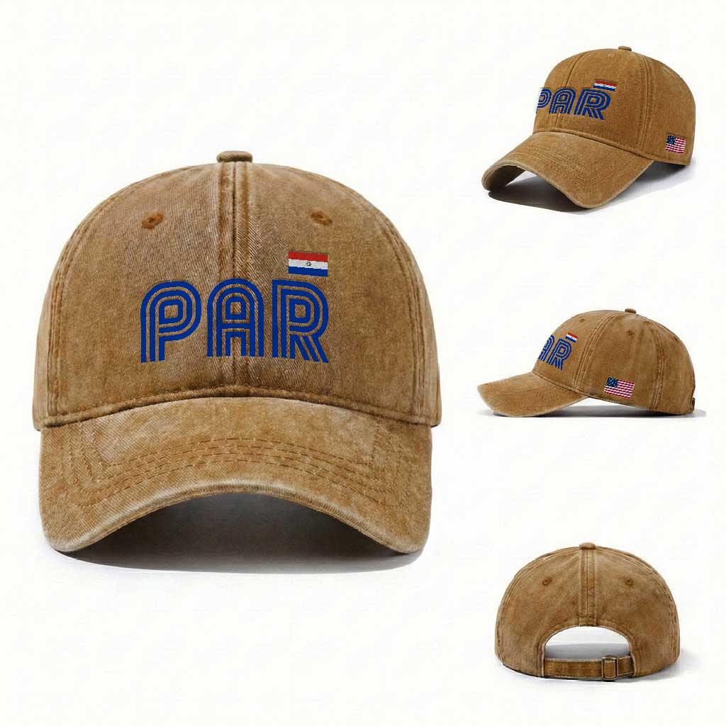 Vintage Paraguay Washed Cotton Baseball Cap Retro Typography Patriotic Paraguayan Pride Flag Graphic TS10 Washed Cap Universal Fit Yellow Ochre Print Your Wear