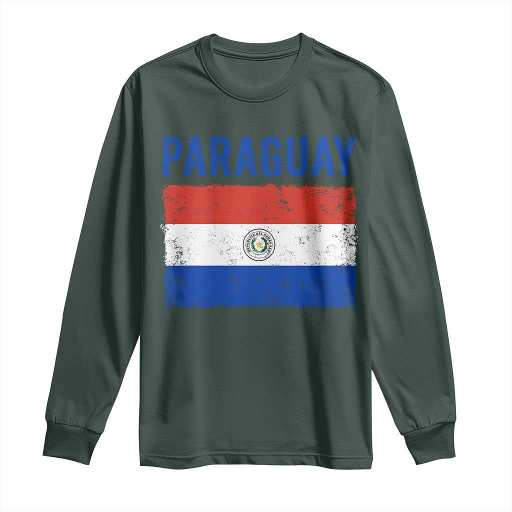 Vintage Paraguay Flag Distressed Paraguayan Pride Patriotic Soccer Fan Graphic Long Sleeve Shirt TS10 Dark Forest Green Print Your Wear