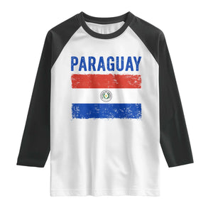 Vintage Paraguay Flag Distressed Paraguayan Pride Patriotic Soccer Fan Graphic Raglan Shirt TS10 White Black Print Your Wear