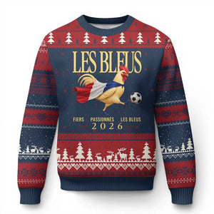 Les Bleus 2026 France Soccer Ugly Christmas Sweater Rooster Wearing French Flag Patriotic Football Fan Graphic TS10 Navy Red Print Your Wear