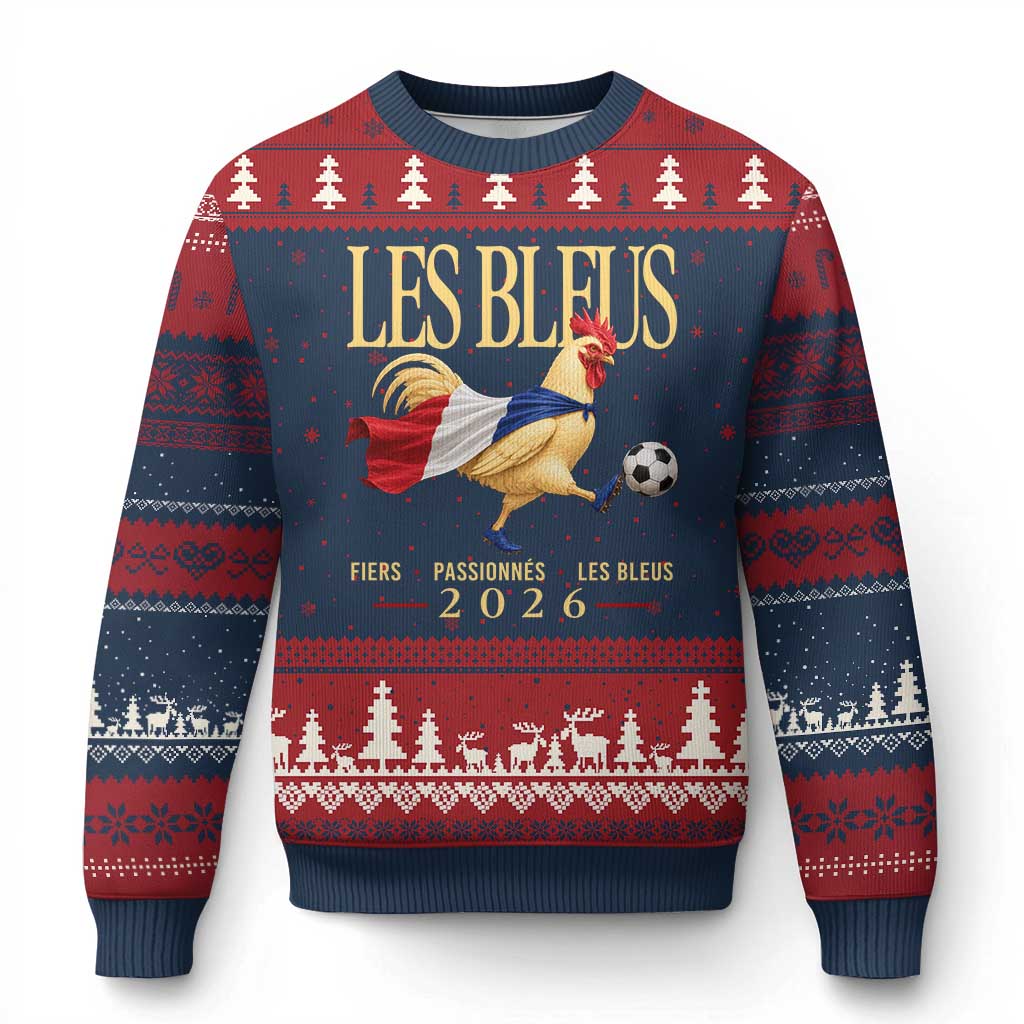 Les Bleus 2026 France Soccer Ugly Christmas Sweater Rooster Wearing French Flag Patriotic Football Fan Graphic TS10 Navy Red Print Your Wear