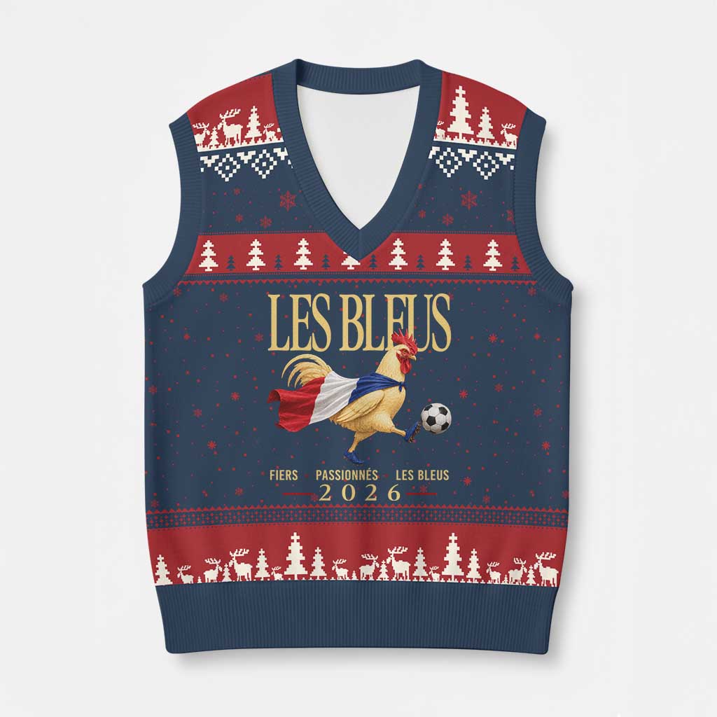 Les Bleus 2026 France Soccer V-Neck Knit Sweater Vest Rooster Wearing French Flag Patriotic Football Fan Graphic TS10 Navy Red Print Your Wear