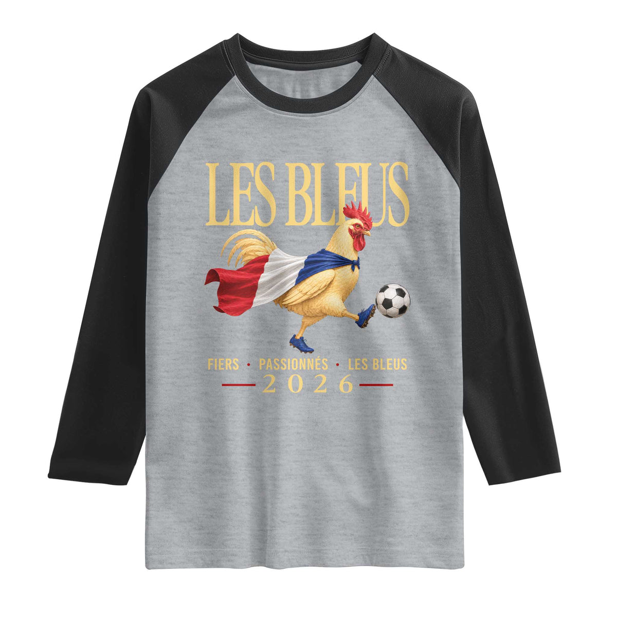 Les Bleus 2026 France Soccer Raglan Shirt Rooster Wearing French Flag Patriotic Football Fan Graphic TS10 Heather Gray Black Print Your Wear
