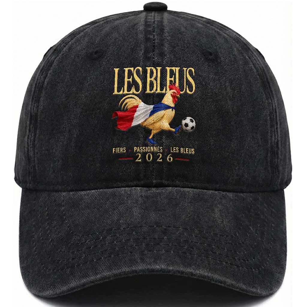 Les Bleus 2026 France Soccer Washed Cotton Baseball Cap Rooster Wearing French Flag Patriotic Football Fan Graphic TS10 Print Your Wear