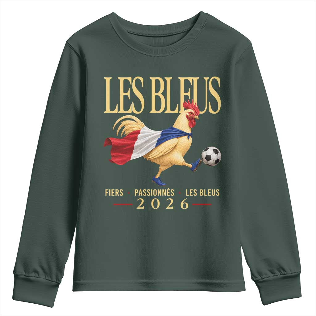 Les Bleus 2026 France Soccer Youth Sweatshirt Rooster Wearing French Flag Patriotic Football Fan Graphic TS10 Dark Forest Green Print Your Wear