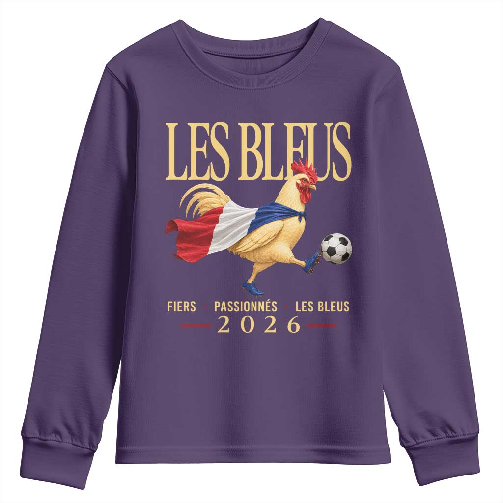 Les Bleus 2026 France Soccer Youth Sweatshirt Rooster Wearing French Flag Patriotic Football Fan Graphic TS10 Purple Print Your Wear