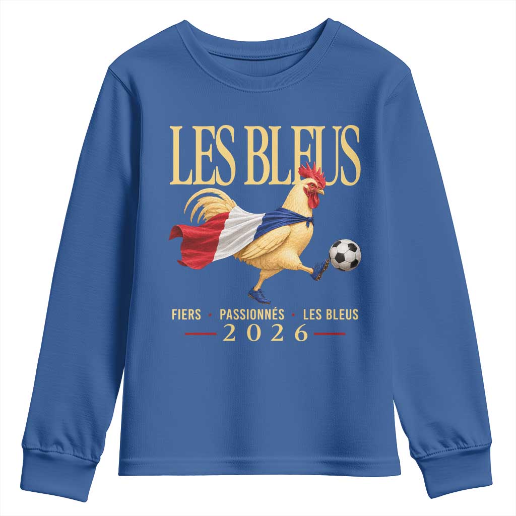 Les Bleus 2026 France Soccer Youth Sweatshirt Rooster Wearing French Flag Patriotic Football Fan Graphic TS10 Royal Blue Print Your Wear