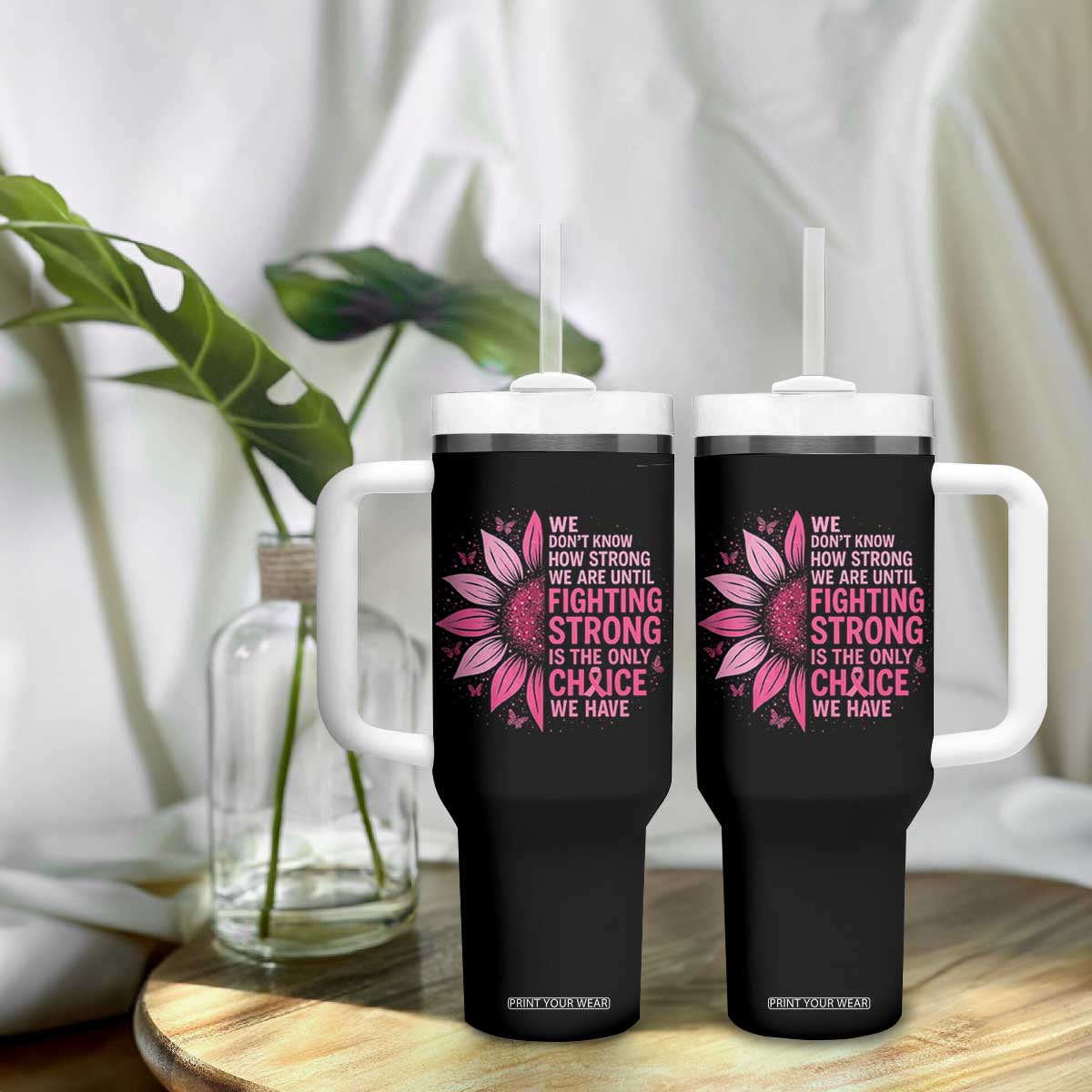Breast Cancer Tumbler With Handle Pink Ribbon Being Strong Quote Support Gift TS10 Print Your Wear