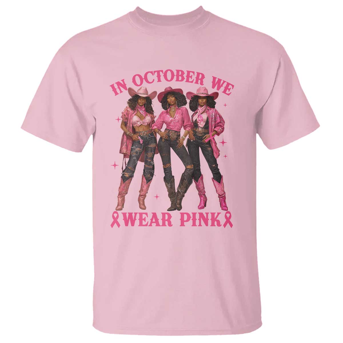 In October We Wear Pink T Shirt Breast Cancer Awareness Month Cowgirl Pink Ribbon TS10 Light Pink Print Your Wear