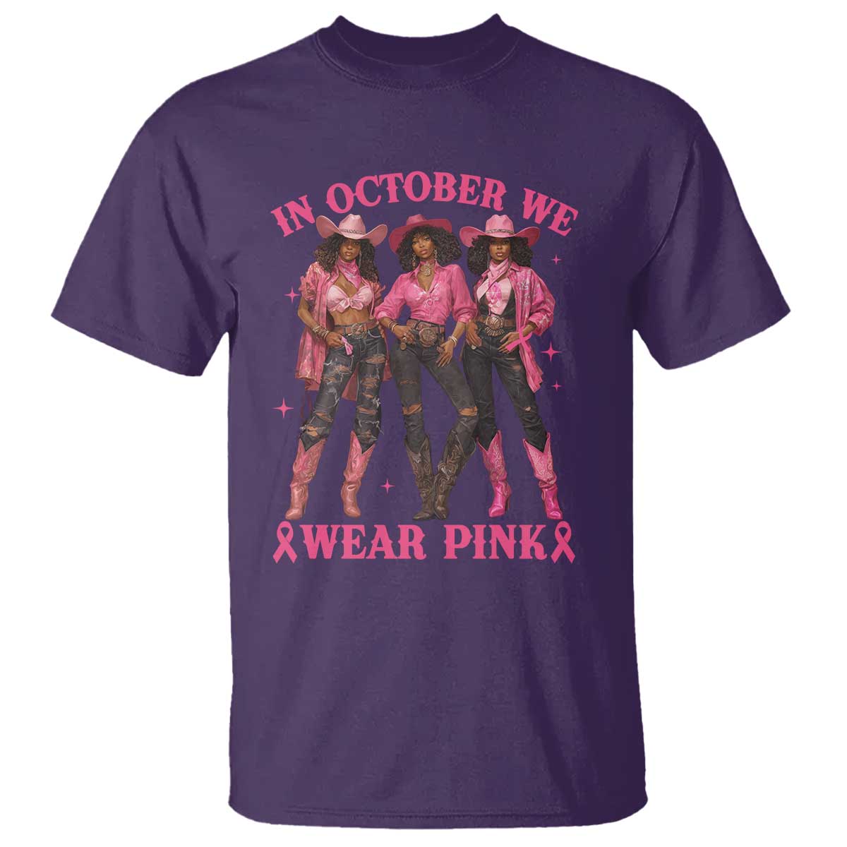 In October We Wear Pink T Shirt Breast Cancer Awareness Month Cowgirl Pink Ribbon TS10 Purple Print Your Wear