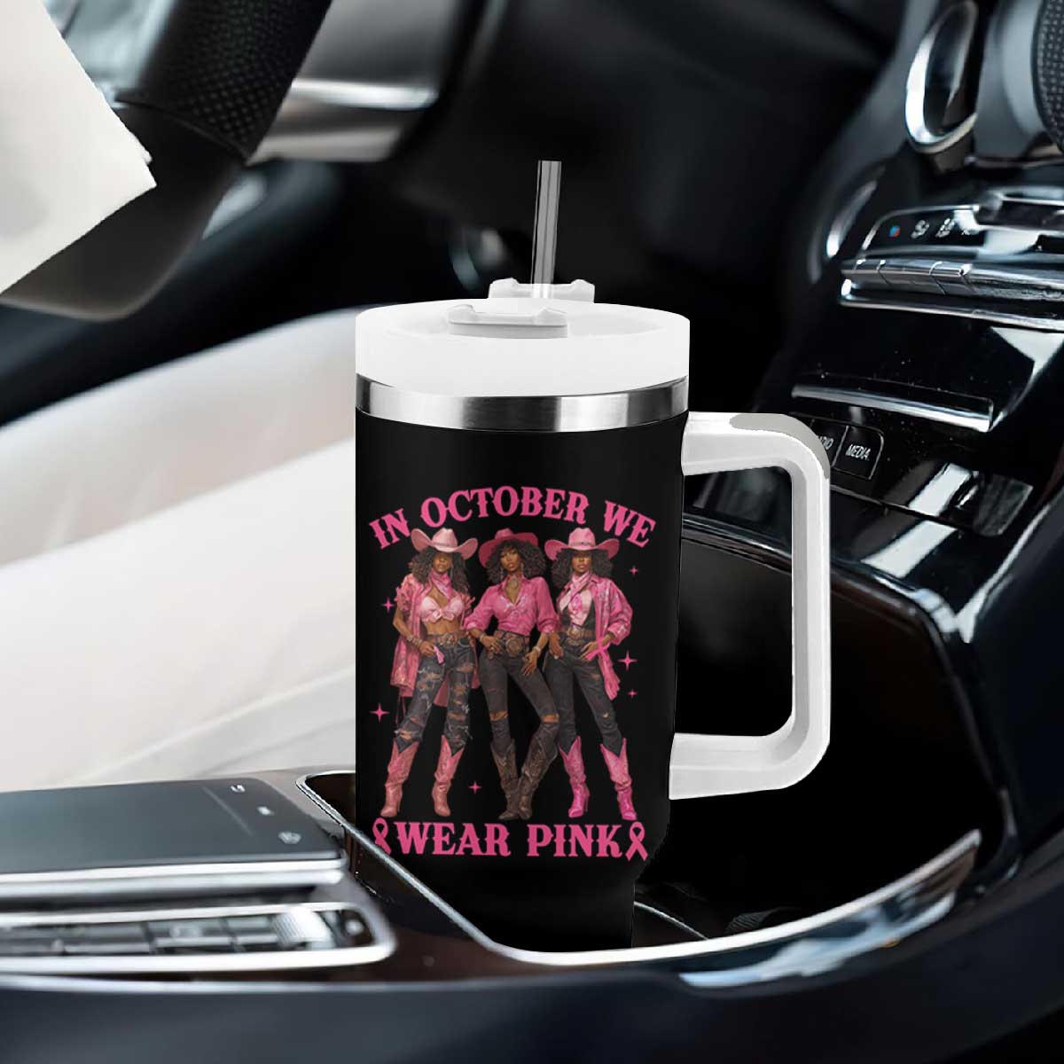 In October We Wear Pink Tumbler With Handle Breast Cancer Awareness Month Cowgirl Pink Ribbon TS10 Print Your Wear