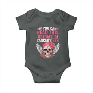 Funny Breast Cancer Survivor Baby Onesie Im Kicking Cancers Ass Pink Ribbon Skull TS10 Dark Heather Print Your Wear