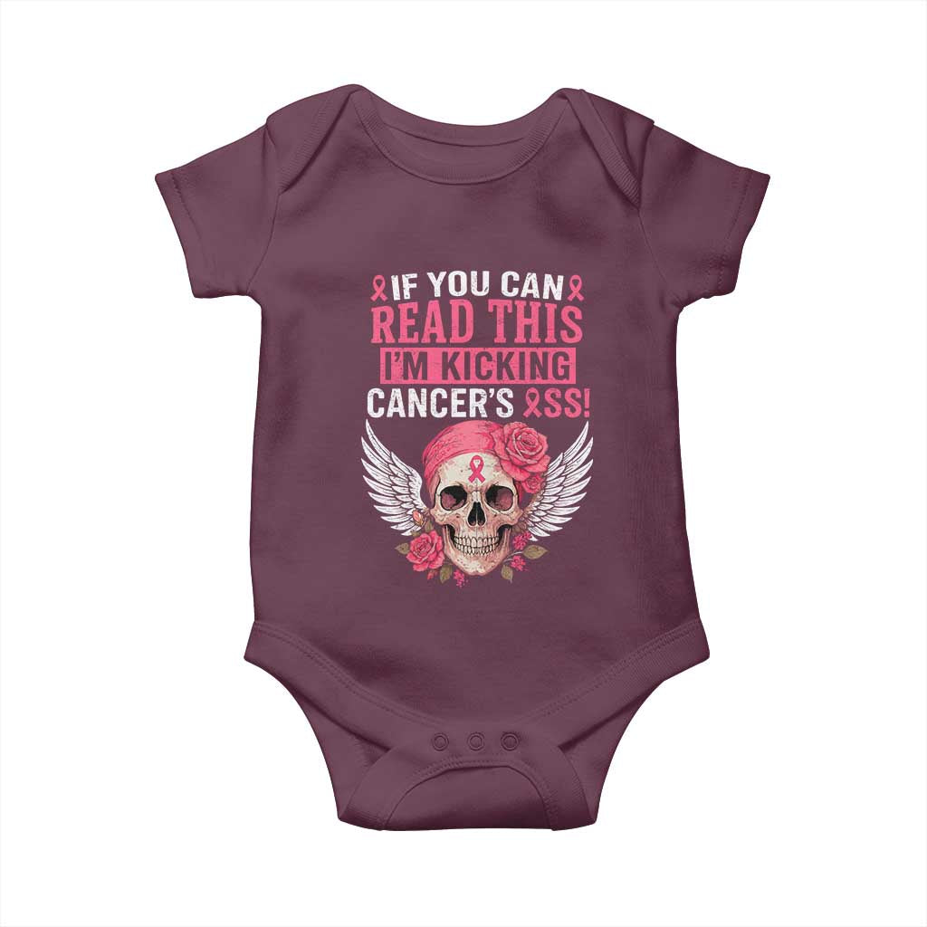 Funny Breast Cancer Survivor Baby Onesie Im Kicking Cancers Ass Pink Ribbon Skull TS10 Maroon Print Your Wear