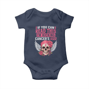 Funny Breast Cancer Survivor Baby Onesie Im Kicking Cancers Ass Pink Ribbon Skull TS10 Navy Print Your Wear